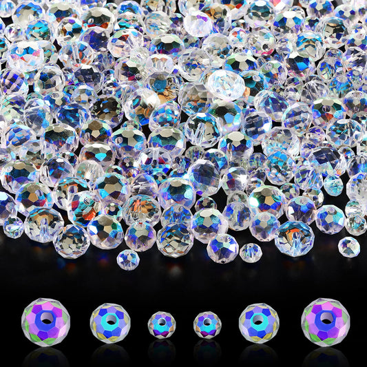 WILLBOND 600 Pcs Crystal Glass Beads for Jewelry Making Bulk Suncatcher Faceted Rondelle Loose Gemstone for Valentine's Day, Irish Holiday, Easter Bracelet DIY Crafts 8mm, 6mm, 4mm(AB Color)