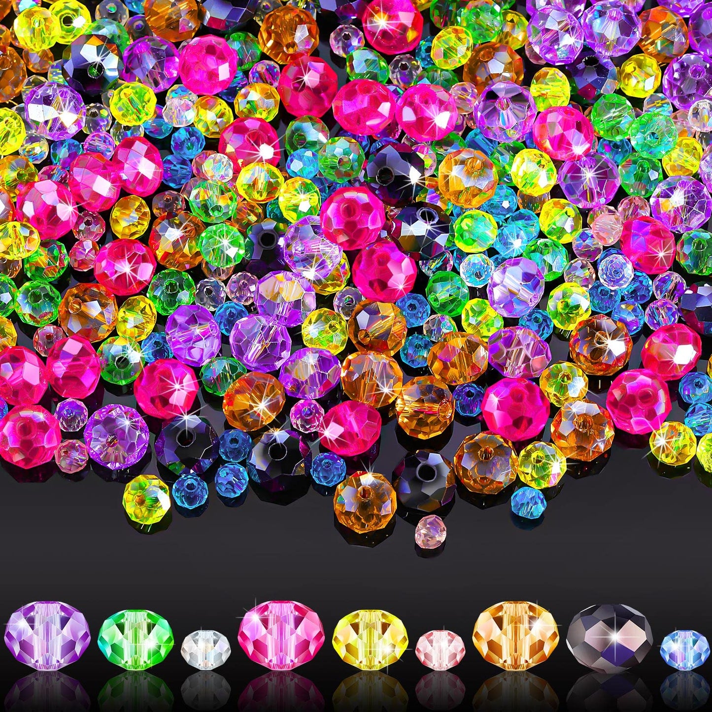 WILLBOND 600 Pcs Crystal Glass Beads for Jewelry Making Bulk Suncatcher Faceted Rondelle Loose Gemstone for Valentine's Day, Irish Holiday, Easter Bracelet DIY Crafts 8mm, 6mm, 4mm(Multi Color)