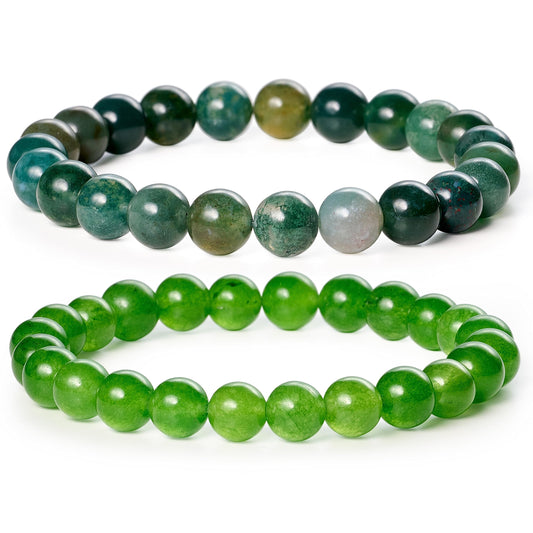 Bivei Natural Gemstone Semi Precious Crystals Handmade Stretchy Round Beads Bracelet, Enhance Positive Energy,Stocking Stuffers for Women(Moss Agate & Green Jade (Wisdom) Medium)