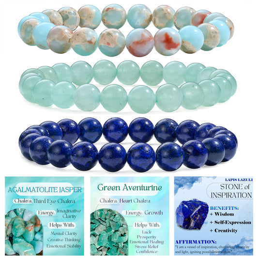 Bivei 3-Piece 8mm Beaded Bracelets for Women – Lizardite, Green Aventurine, Lapis Lazuli – Handmade Natural Crystal Stretch Elastic Jewelry for Meditation, Yoga, Protection Gifts