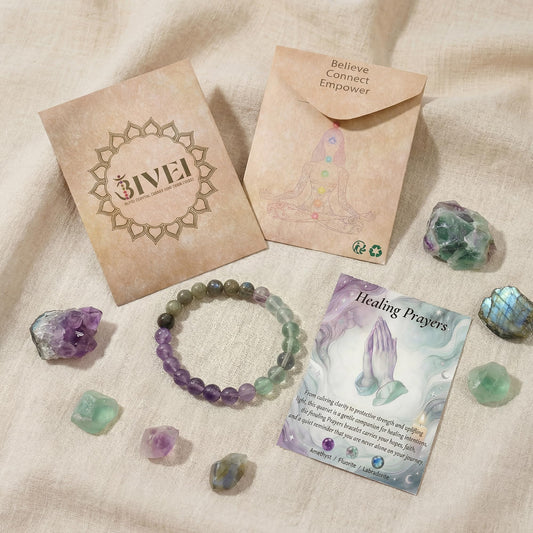 Bivei Healing Prayers Bracelet, Strength Crystal Healing Bracelet 8MM with Amethyst & Fluorite & Labradorite - Spiritual Stretch Beaded Jewelry for Women Men Gift