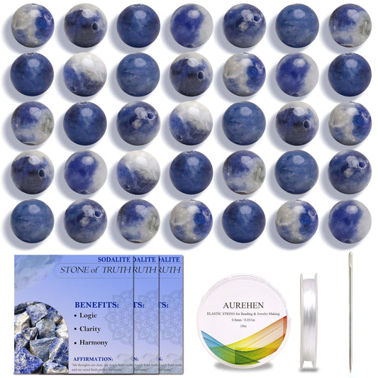 Aurehen Natural Gemstone Beads with Thread Needle Card as Complete Jewelry Making Kit, 120PCS 6mm Genuine Round Loose Energy Stone Spacer Beads, Smooth Healing Crystals for DIY Crafts (Blue Sodalite)
