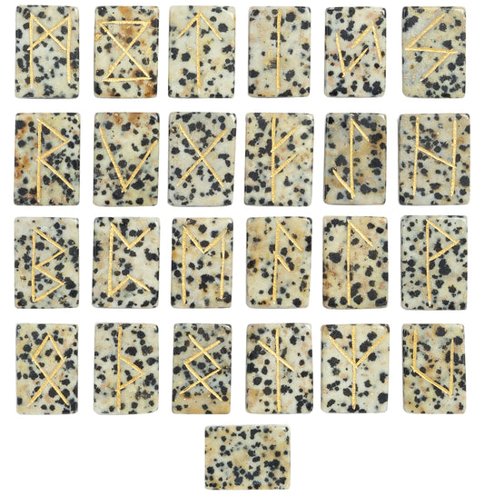 Crocon Dalmatian Jasper Rectangle Shape Gemstone Runes with Elder Futhark Alphabet Engraved 25 pcs Rune Set Crystal Divination Metaphysical Healing Chakra Reiki Runes Set with a Pouch Size : 20-25mm