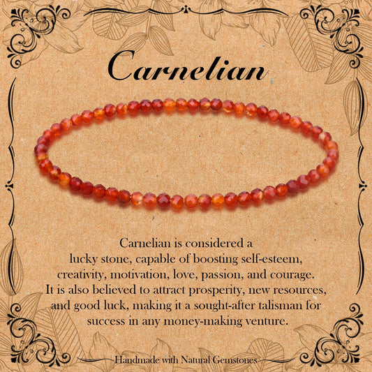 BONNY BOXX Natural Genuine Gemstone Faceted Round Beads Bracelets, 3mm Adjustable Stretchy Tiny Faceted Carnelian Bracelet, Healing Crystal Reiki Chakra Dainty Jewelry Fashion Gifts