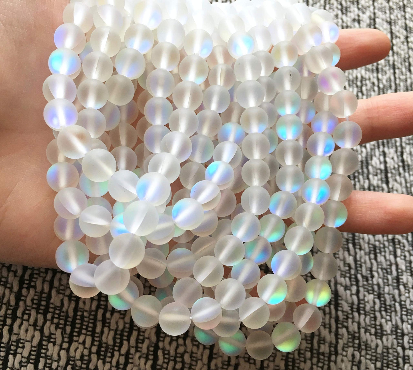 Asingeloo 48PCS 8mm Natural Mystic Aura Quartz Gemstone Frosted Matte Titanium Opalite White Rainbow Round Loose Beads 15 inch Full Strand