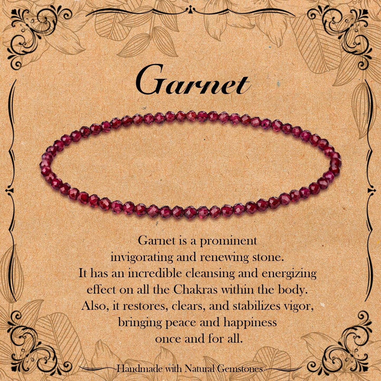 BONNY BOXX Natural Genuine Gemstone Faceted Round Beads Bracelets, 3mm Adjustable Stretchy Tiny Faceted Garnet Bracelet, Healing Crystal Reiki Chakra Dainty Jewelry Fashion Gifts