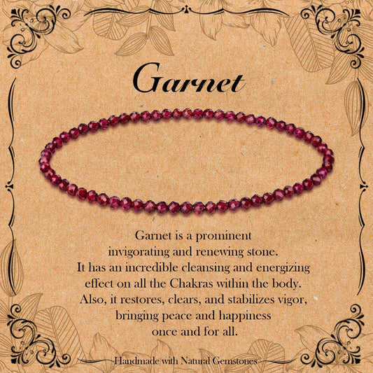 BONNY BOXX Natural Genuine Gemstone Faceted Round Beads Bracelets, 3mm Adjustable Stretchy Tiny Faceted Garnet Bracelet, Healing Crystal Reiki Chakra Dainty Jewelry Fashion Gifts