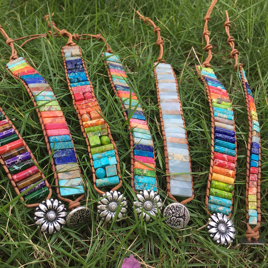 Fashion Gemstone Handmade Jewelry Multicolor Yoga Friendship Boho Leather Rectangle Stone Healing Sunflower Button Wrap Bracelet