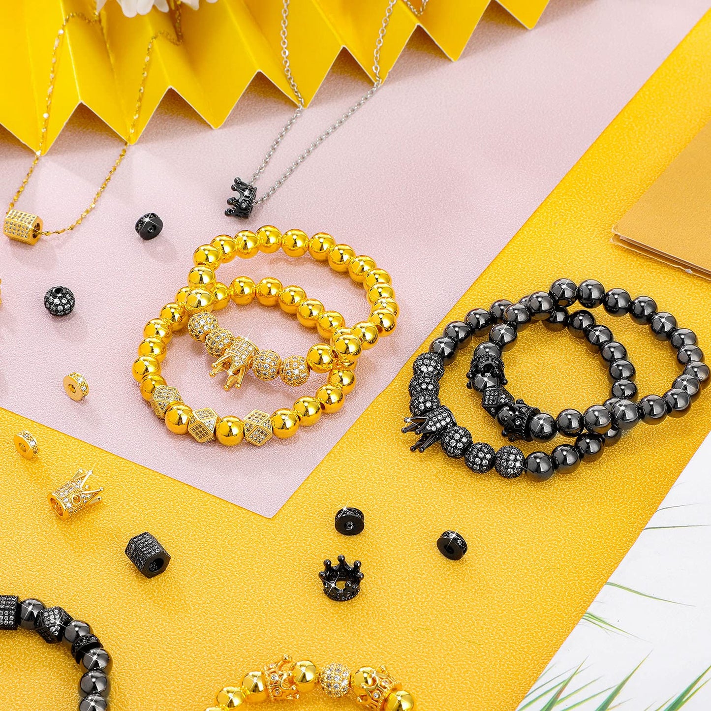 40 Pieces King Crown Charms 8mm Round Rhinestone Beads Hexagon Big Hole Spacer Beads Bracelet Connector for DIY Xmas Jewelry Crafts Making (Black and Gold)