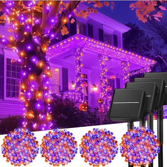 Minetom Halloween Solar String Lights - 400 LED, 8 Lighting Modes, IP65 Waterproof, 40 FT 4 Pack, Orange and Purple