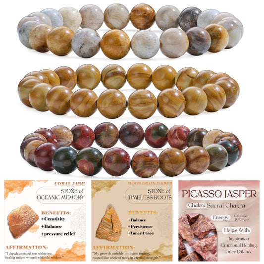Bivei 3-Piece 8mm Beaded Bracelets for Women – Coral Jade, Wood Grain Jasper, Picasso Jasper – Handmade Natural Crystal Stretch Elastic Jewelry for Meditation, Yoga, Protection Gifts
