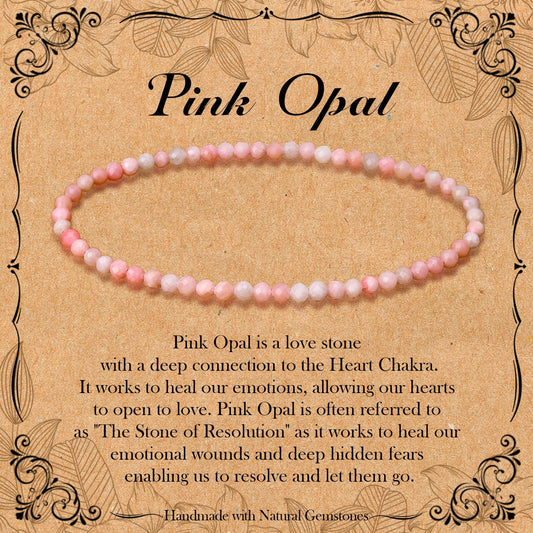 BONNY BOXX Natural Genuine Gemstone Faceted Round Beads Bracelets, 3mm Adjustable Stretchy Tiny Faceted Pink Opal Bracelet, Healing Crystal Reiki Chakra Dainty Jewelry Fashion Gifts