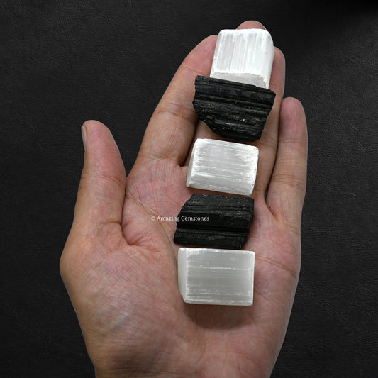 Amazing Gemstone Black Tourmaline Selenite Crystal - 1lb Bulk Raw Black Tourmaline Crystals and Selenite Healing Crystals for Protection, Crystal Grid, Energy Piedra Selenita Original