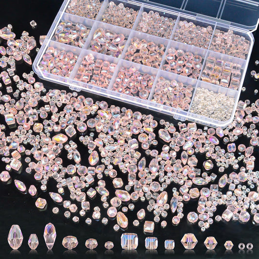 Laopottbeads 1500 Pcs Crystal Glass Beads for Jewelry Making – 12 Styles Bicone, Rondelle, Cube, Teardrop & 3mm Spacer Beads, DIY Bracelet Necklace Earring Craft Kit with Organizer Box(Pink)