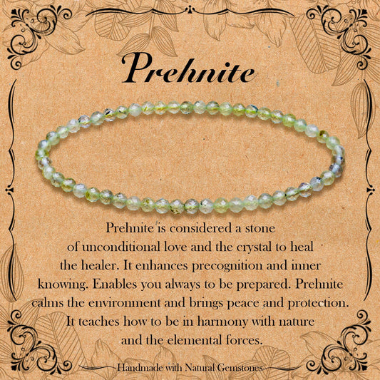 BONNY BOXX Natural Genuine Gemstone Faceted Round Beads Bracelets, 3mm Adjustable Stretchy Tiny Faceted Prehnite Bracelet, Healing Crystal Reiki Chakra Dainty Jewelry Fashion Gifts