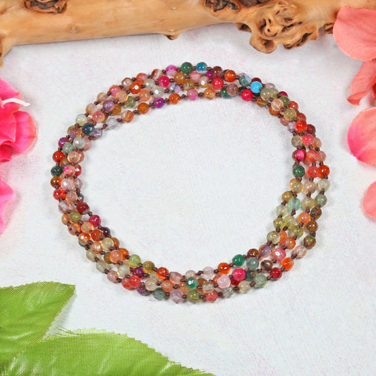 MGR MY GEMS ROCK! 36-inch 4MM Micro-cut Petite Natural Agate Multi-color Multi-strand Bracelet or Light Weight Mala Chakra Infinity Slip On Style Dainty Beaded Necklace for Women. agate-multi-color