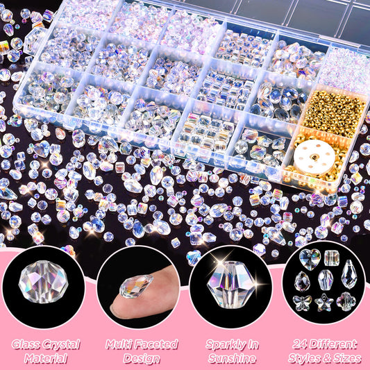Zefy 2000+ Pcs Crystal Glass Beads for Jewelry Making, 24 Styles 3-15mm Assorted Faceted Craft Bead Kit for DIY Bracelet Necklace Earring Suncatcher (Clear AB Color)