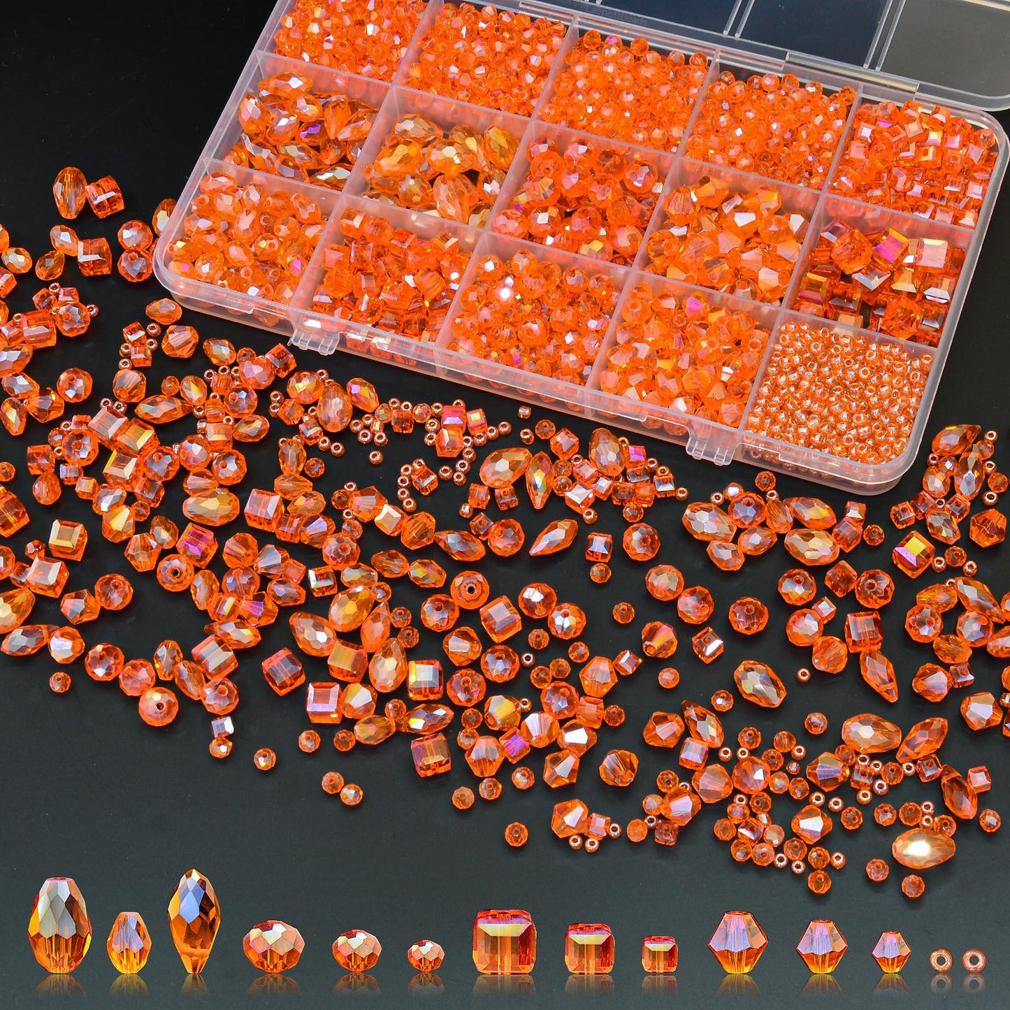 Laopottbeads 1500 Pcs Crystal Glass Beads for Jewelry Making – 12 Styles Bicone, Rondelle, Cube, Teardrop & 3mm Spacer Beads, DIY Bracelet Necklace Earring Craft Kit Random Colors(Orange)