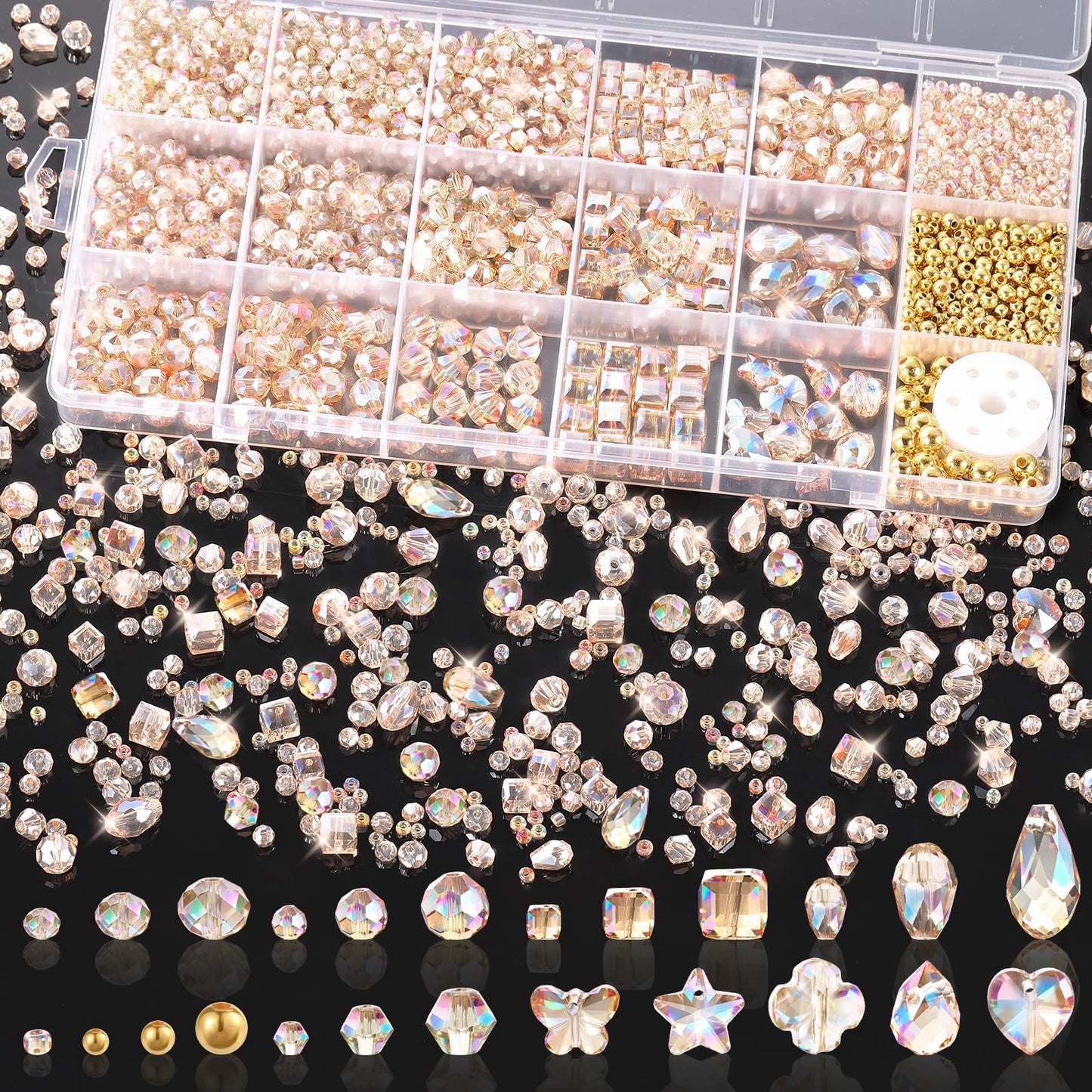 Zefy 2000+ Pcs Crystal Glass Beads for Jewelry Making, 24 Styles 3-15mm Assorted Faceted Craft Bead Kit for DIY Bracelet Necklace Earring Suncatcher (Silver Champagne)