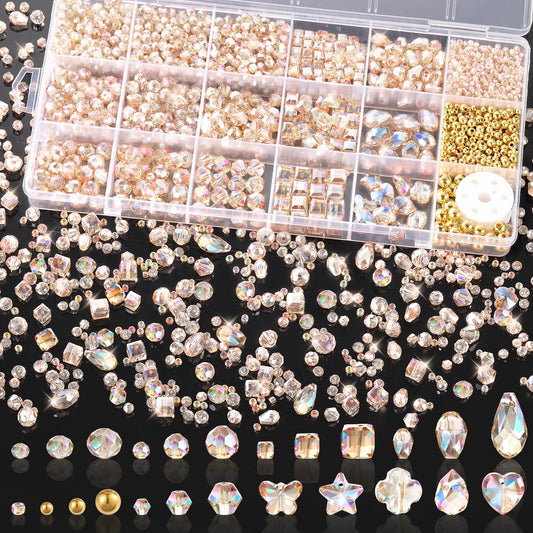 Zefy 2000+ Pcs Crystal Glass Beads for Jewelry Making, 24 Styles 3-15mm Assorted Faceted Craft Bead Kit for DIY Bracelet Necklace Earring Suncatcher (Silver Champagne)