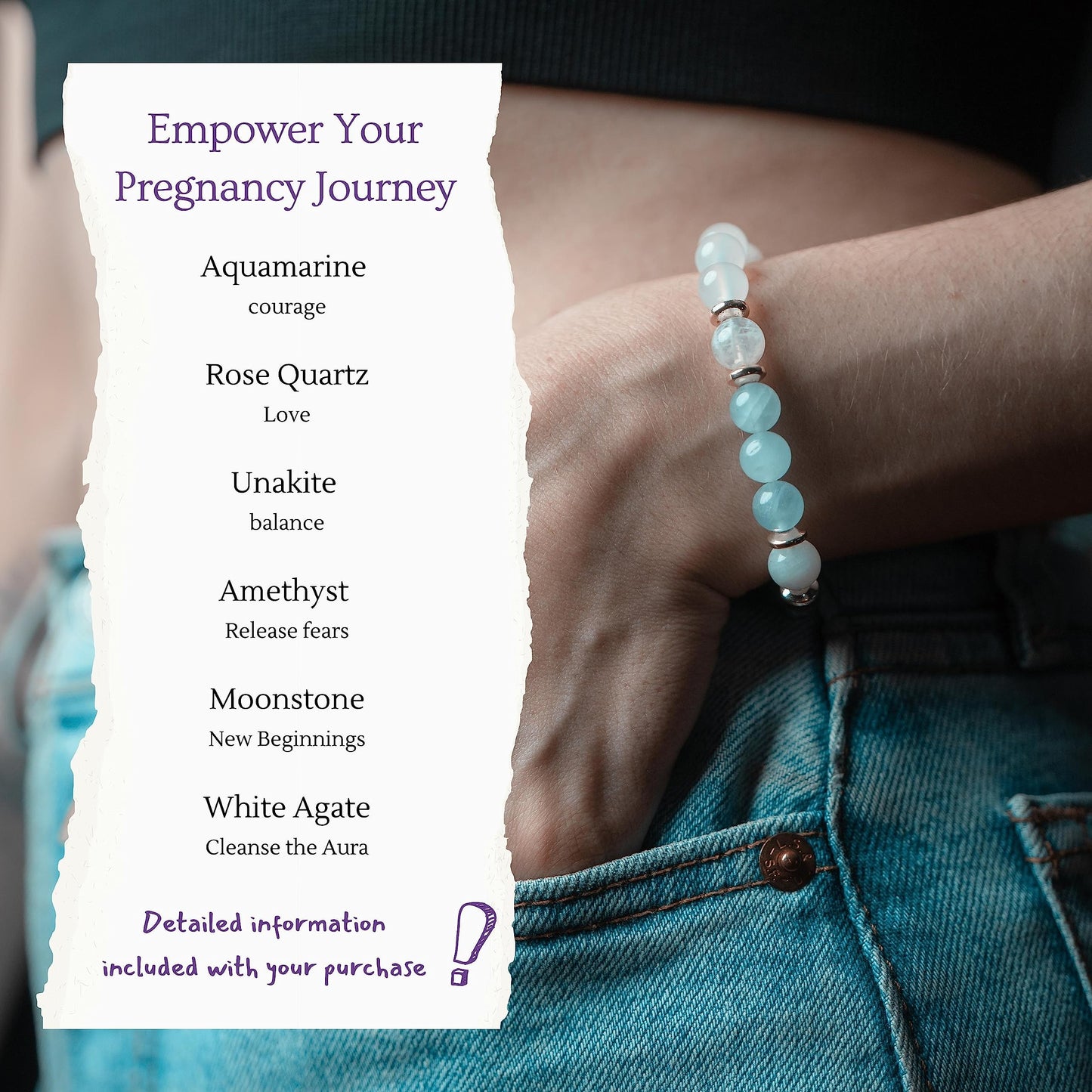 Mother's Ray Pregnancy Bracelet With Healing Crystals - Pregnancy Crystals - Moonstone Amethyst - 8mm Beads - Stretchy Cord - One Size Fits All - Congrats On Pregnancy Gifts Baby Shower