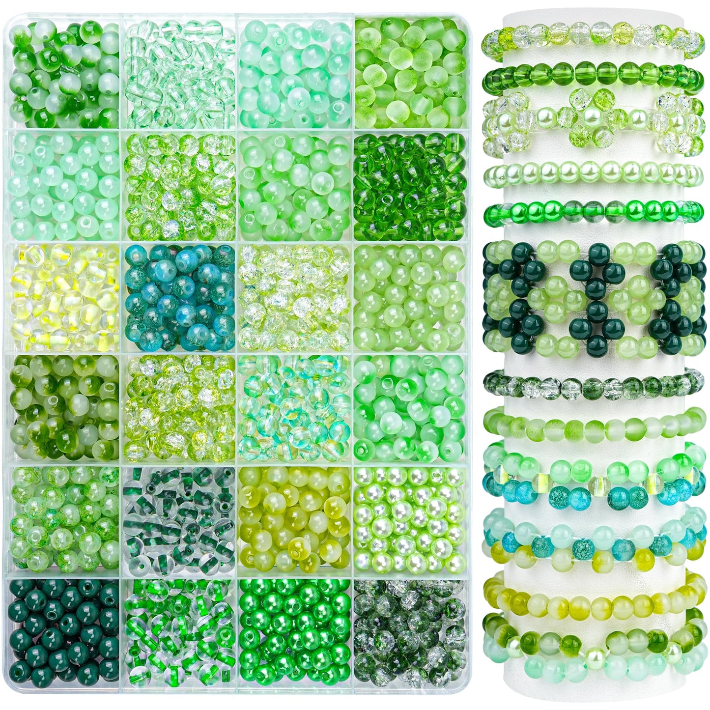 1200PCS Green Glass Beads for Bracelets, 24 Colors 6mm Crystal Beads Bracelets Making Kit and Jewelry Making, Round Green Nature Series Beads for Friendship Bracelets Earring Necklace DIY Crafts