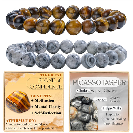 Bivei 2-Piece 8mm Beaded Bracelets for Women – Tiger Eye, Picasso Jasper – Handmade Natural Crystal Stretch Elastic Jewelry for Meditation, Yoga, Protection Gifts