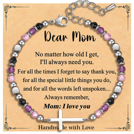 Mother's Day, Birthday, Valentine's Day, Christmas, Easter Gifts for Mom – Dainty Christian Cross Bracelet, Anxiety Relief Jewelry for Women, Adjustable Crystal Beaded Bracelet