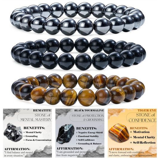 Bivei 3-Piece 8mm Beaded Bracelets for Women – Hematite, Black Tourmaline, Tiger Eye – Handmade Natural Crystal Stretch Elastic Jewelry for Meditation, Yoga, Protection Gifts