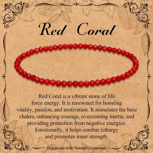 BONNY BOXX Natural Genuine Gemstone Faceted Round Beads Bracelets, 3mm Adjustable Stretchy Tiny Faceted Red Coral Bracelet, Healing Crystal Reiki Chakra Dainty Jewelry Fashion Gifts