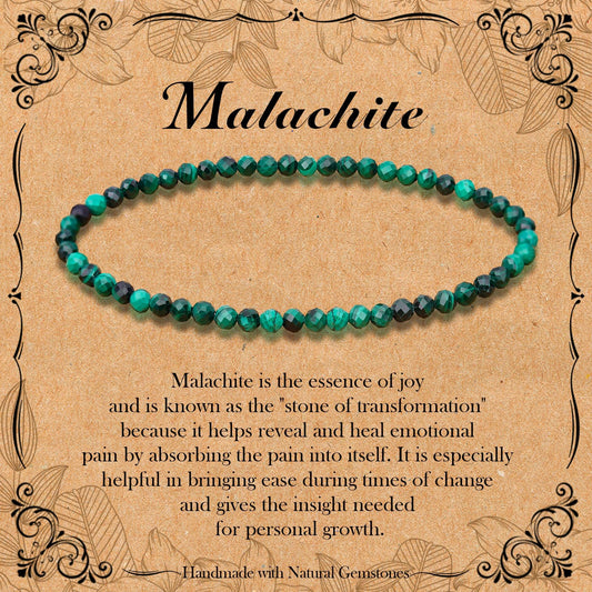 BONNY BOXX Natural Genuine Gemstone Faceted Round Beads Bracelets, 3mm Adjustable Stretchy Tiny Faceted Malachite Bracelet, Healing Crystal Reiki Chakra Dainty Jewelry Fashion Gifts