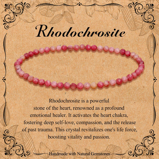 BONNY BOXX Natural Genuine Gemstone Faceted Round Beads Bracelet, 3mm Adjustable Stretchy Tiny Faceted Rhodochrosite, Healing Crystal Reiki Chakra Dainty Jewelry Fashion Gifts