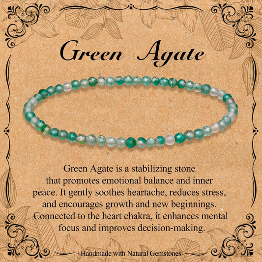 BONNY BOXX Natural Genuine Gemstone Faceted Round Beads Bracelet, 3mm Adjustable Stretchy Tiny Faceted Green Agate, Healing Crystal Reiki Chakra Dainty Jewelry Fashion Gifts