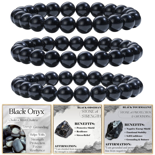 Bivei 3-Piece 8mm Beaded Bracelets for Women – Black Onyx, Black Obsidian, Black Tourmaline – Handmade Natural Crystal Stretch Elastic Jewelry for Meditation, Yoga, Protection Gifts