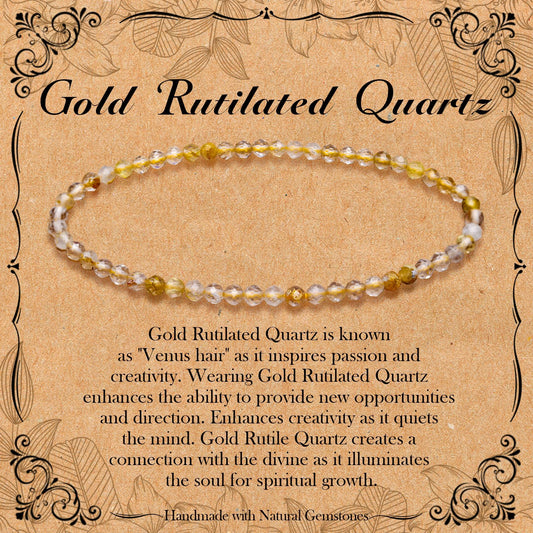 BONNY BOXX Natural Genuine Gemstone Faceted Round Beads Bracelets, 3mm Adjustable Stretchy Tiny Faceted Gold Rutilated Quartz Bracelet, Healing Crystal Reiki Chakra Dainty Jewelry Fashion Gifts