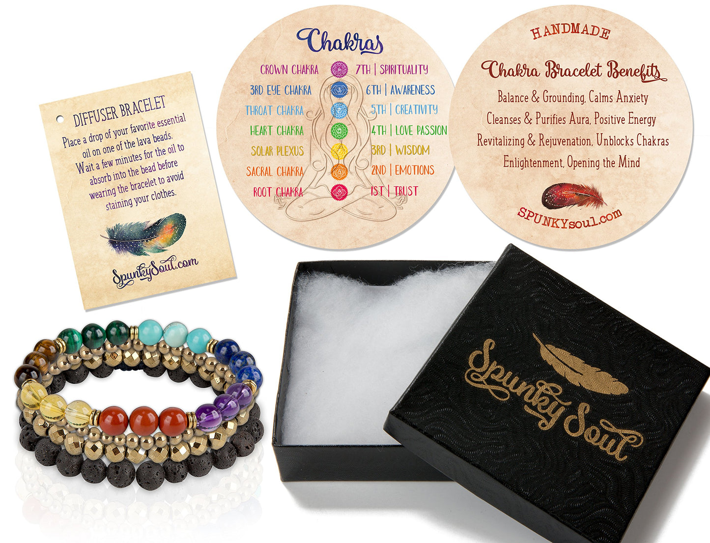 SPUNKYsoul 3 beads Set each stone Chakra Balancing Lava Diffuser Bracelet Authentic Crystal Stones for Women Collection